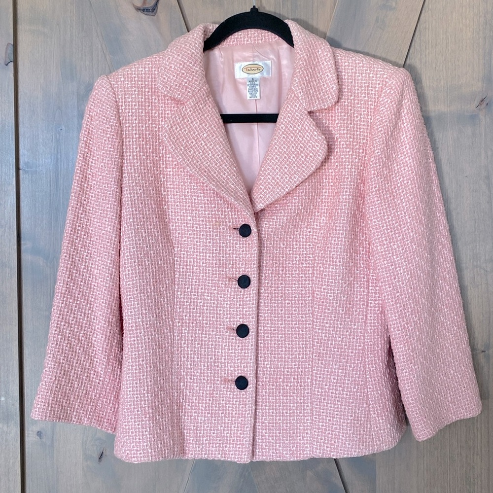 Talbots Tweed Blazer Pink Silk Lined Black Button Jacket 3/4 Sleeves Size 6